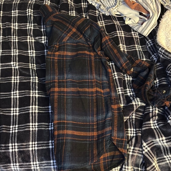 Plaid Button-Up Shirt in Black, burnt orange, and steel blue - Picture 3 of 3